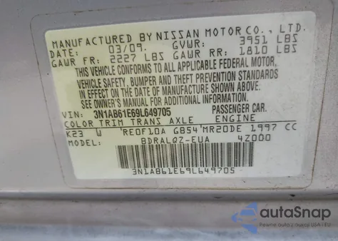 2009 Nissan Sentra 2.0 z USA, uszkodzony, nr VIN 3N1AB61E69L649705